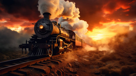 A vintage steam powered railway train in smoke. Steam locomotive with wagon drives in steam and smoke.の素材