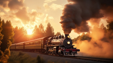 A vintage steam powered railway train in smoke. Steam locomotive with wagon drives in steam and smoke.の素材