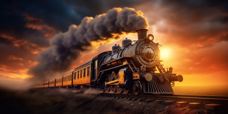 A vintage steam powered railway train in smoke. Steam locomotive with wagon drives in steam and smoke.の素材