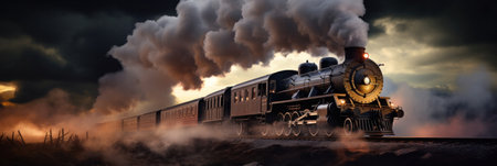 A vintage steam powered railway train in smoke. Steam locomotive with wagon drives in steam and smoke.の素材