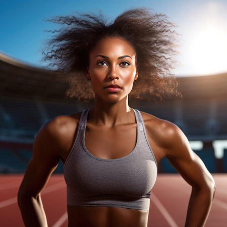 A young black woman, runner at the starting line in stadium arena. Athlete ready to run track, marathon training and cardio power.の素材