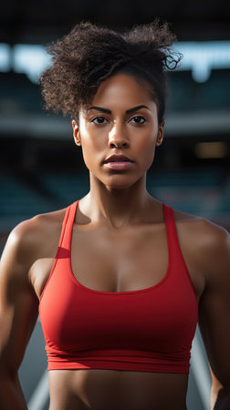 A young black woman, runner at the starting line in stadium arena. Athlete ready to run track, marathon training and cardio power.の素材