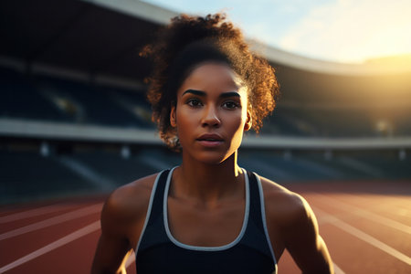 A young black woman, runner at the starting line in stadium arena. Athlete ready to run track, marathon training and cardio power.の素材