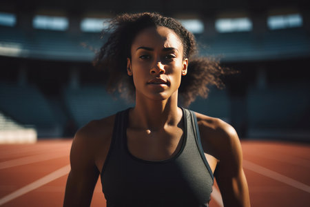A young black woman, runner at the starting line in stadium arena. Athlete ready to run track, marathon training and cardio power.の素材