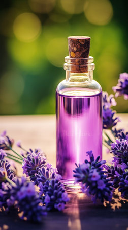 An essential aromatic oil and lavender flowers, Relax, Sleep Concept.の素材