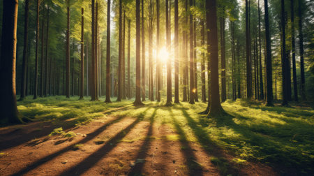 Beautiful forest with bright sun shining through the trees. Scenic forest of trees framed by leaves, with the sunrise casting its warm rays through the foliage.の素材