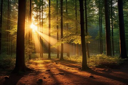 Beautiful forest with bright sun shining through the trees. Scenic forest of trees framed by leaves, with the sunrise casting its warm rays through the foliage.の素材