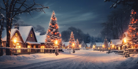 Christmas village with Snow in vintage style at night. Winter village landscape with Christmas tree with lights.の素材