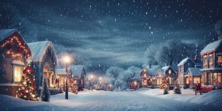 Christmas village with Snow in vintage style at night. Winter village landscape with Christmas tree with lights.の素材