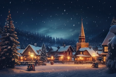 Christmas village with Snow in vintage style at night. Winter village landscape with Christmas tree with lights.の素材