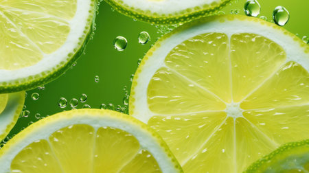 Close up of Lemon and lime slices drop in fizzy sparkling water, juice refreshment.の素材
