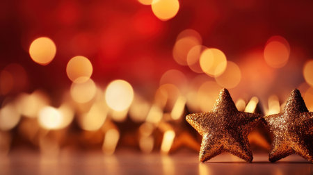 Gold christmas stars with christmas glowing golden red on a red blurred bokeh background.の素材
