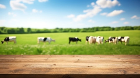 Empty wooden table top with blur green meadow, cows on a grass field during the summer background.の素材