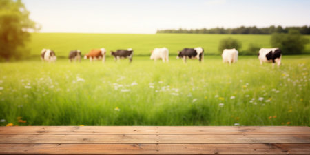 Empty wooden table top with blur green meadow, cows on a grass field during the summer background.の素材