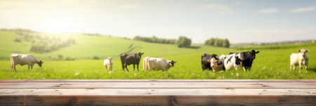 Empty wooden table top with blur green meadow, cows on a grass field during the summer background.の素材