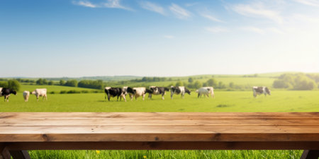 Empty wooden table top with blur green meadow, cows on a grass field during the summer background.の素材