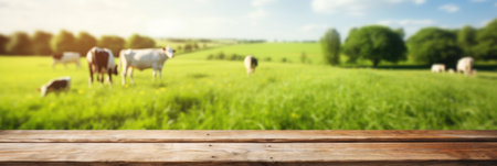 Empty wooden table top with blur green meadow, cows on a grass field during the summer background.の素材