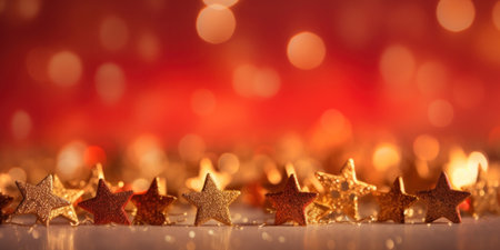 Gold christmas stars with christmas glowing golden red on a red blurred bokeh background.の素材