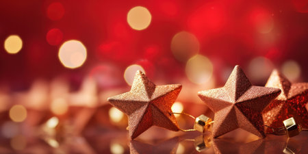Gold christmas stars with christmas glowing golden red on a red blurred bokeh background.の素材