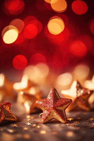 Gold christmas stars with christmas glowing golden red on a red blurred bokeh background.の素材