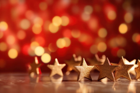 Gold christmas stars with christmas glowing golden red on a red blurred bokeh background.の素材