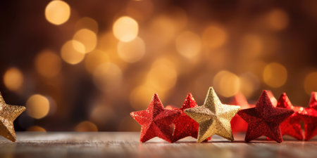 Gold christmas stars with christmas glowing golden red on a red blurred bokeh background.の素材