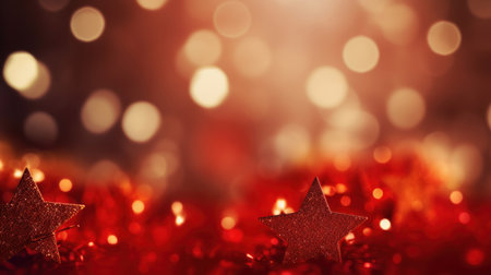 Gold christmas stars with christmas glowing golden red on a red blurred bokeh background.の素材
