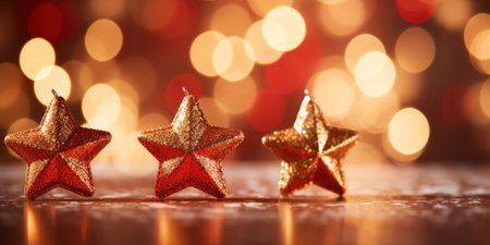 Gold christmas stars with christmas glowing golden red on a red blurred bokeh background.の素材