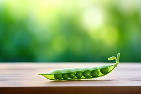 Green pea pod, green peas on the wooden floor with natural bokeh background.の素材
