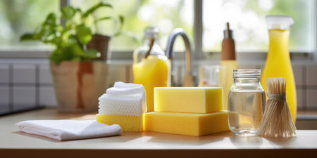 House cleaning concept, Rags, natural sponges and cleaning products. Modern kitchen interior in the background.の素材