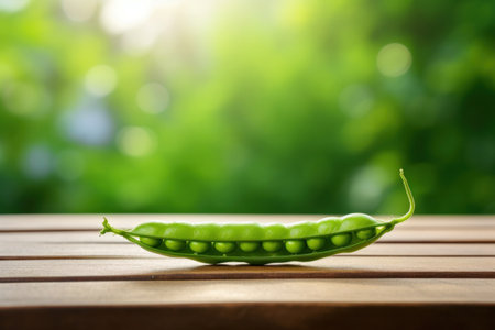 Green pea pod, green peas on the wooden floor with natural bokeh background.の素材