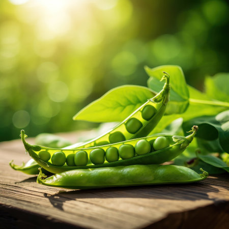 Green pea pod, green peas on the wooden floor with natural bokeh background.の素材