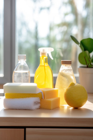 House cleaning concept, Rags, natural sponges and cleaning products. Modern kitchen interior in the background.の素材