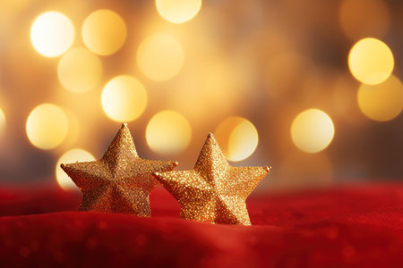 Gold christmas stars with christmas glowing golden red on a red blurred bokeh background.の素材