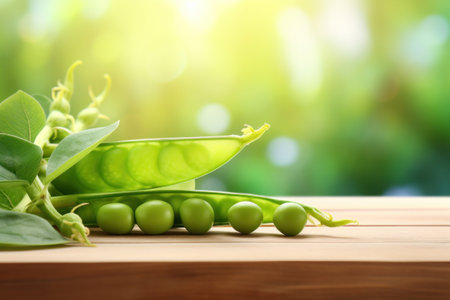 Green pea pod, green peas on the wooden floor with natural bokeh background.の素材