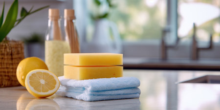 House cleaning concept, Rags, natural sponges and cleaning products. Modern kitchen interior in the background.の素材