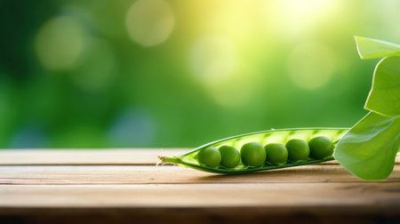Green pea pod, green peas on the wooden floor with natural bokeh background.の素材