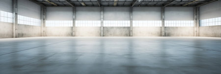Concrete floor inside industrial building. Use as large factory, warehouse, storehouse, hangar or plant.の素材