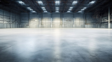 Concrete floor inside industrial building. Use as large factory, warehouse, storehouse, hangar or plant.の素材
