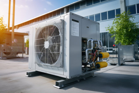 Condenser unit or compressor outside factory plant. Unit of ac air conditioner, heating ventilation or hvac air conditioning system.の素材