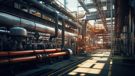 Equipment, Piping as found inside of a modern industrial power plant.の素材