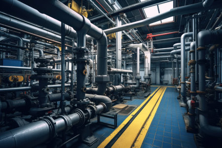 Equipment, Piping as found inside of a modern industrial power plant.の素材