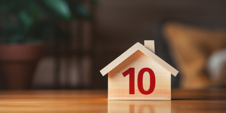 Percentage and house sign symbol icon wooden on wood table. Concepts of home interest, real estate.の素材
