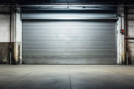 Roller door or roller shutter, concrete floor in industrial building i.e. modern factory, plant, warehouse, shop, garage or store.の素材