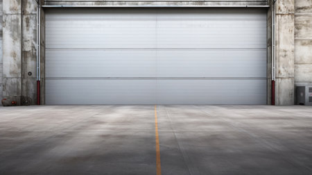 Roller door or roller shutter, concrete floor in industrial building i.e. modern factory, plant, warehouse, shop, garage or store.の素材