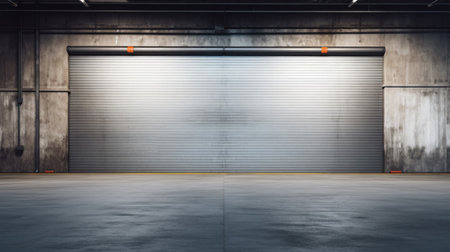 Roller door or roller shutter, concrete floor in industrial building i.e. modern factory, plant, warehouse, shop, garage or store.の素材