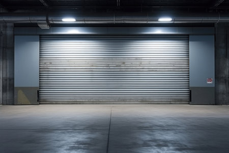 Roller door or roller shutter, concrete floor in industrial building i.e. modern factory, plant, warehouse, shop, garage or store.の素材