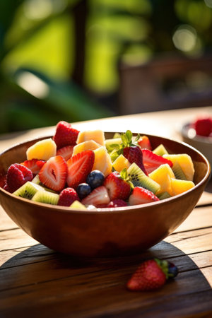 A fruit salad in a bowl on the wood table.の素材