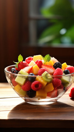 A fruit salad in a bowl on the wood table.の素材