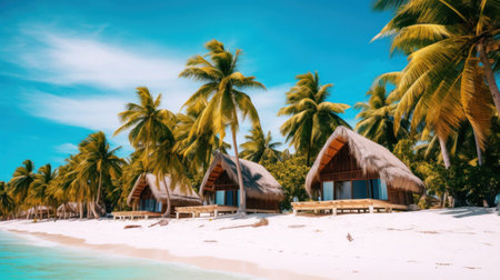 Bungalows of tropical beach with white sand, palm trees and turquoise waters.の素材
